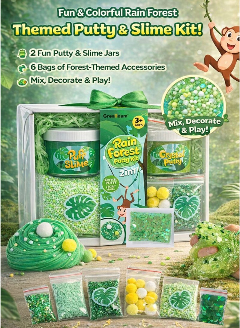GreaTeam Rain Forest Putty Kit 2-in-1 Crystal Putty and Puff Slime Sensory Toy Kids DIY Slime Set Age 3 Years+ with Mixing Shaping Stretching Decorating Fun 235g Crystal Putty, 160g Puff Slime, Green Glitter 3g, Round Glitter/Green Confetti 3g, Green Tube Beads 5g, Assorted Accessories 5g, 12 Pompon Balls, Foam Beads Bag Baby Creative Play, Stress Relief, Party Favor, Birthday Gift, School Activity, Arts & Crafts Toy for Boys Girls - Image 2